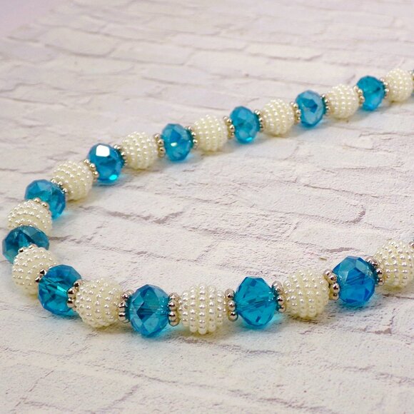Blue glass and white round bead necklace an earring set with silver spacer beads - Picture 3 of 15